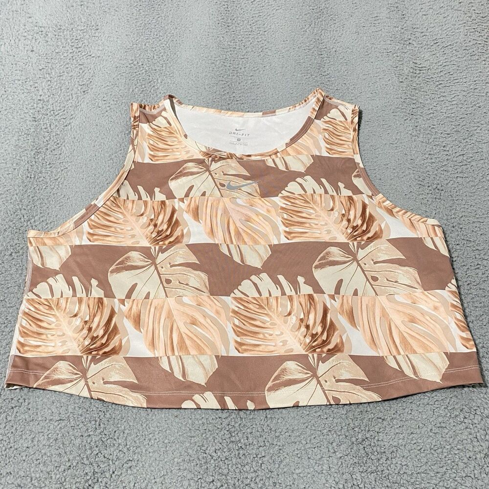 Nike Cropped Tank Top Womens 2X Brown Tan Dri Fit Leaves Athletic Running Gym